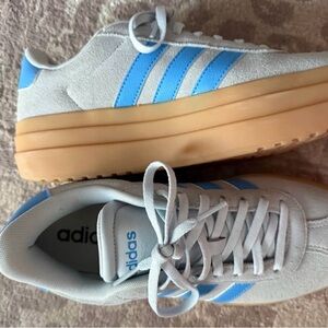 Adidas White and Sky Blue Sneakers with Tan Sole